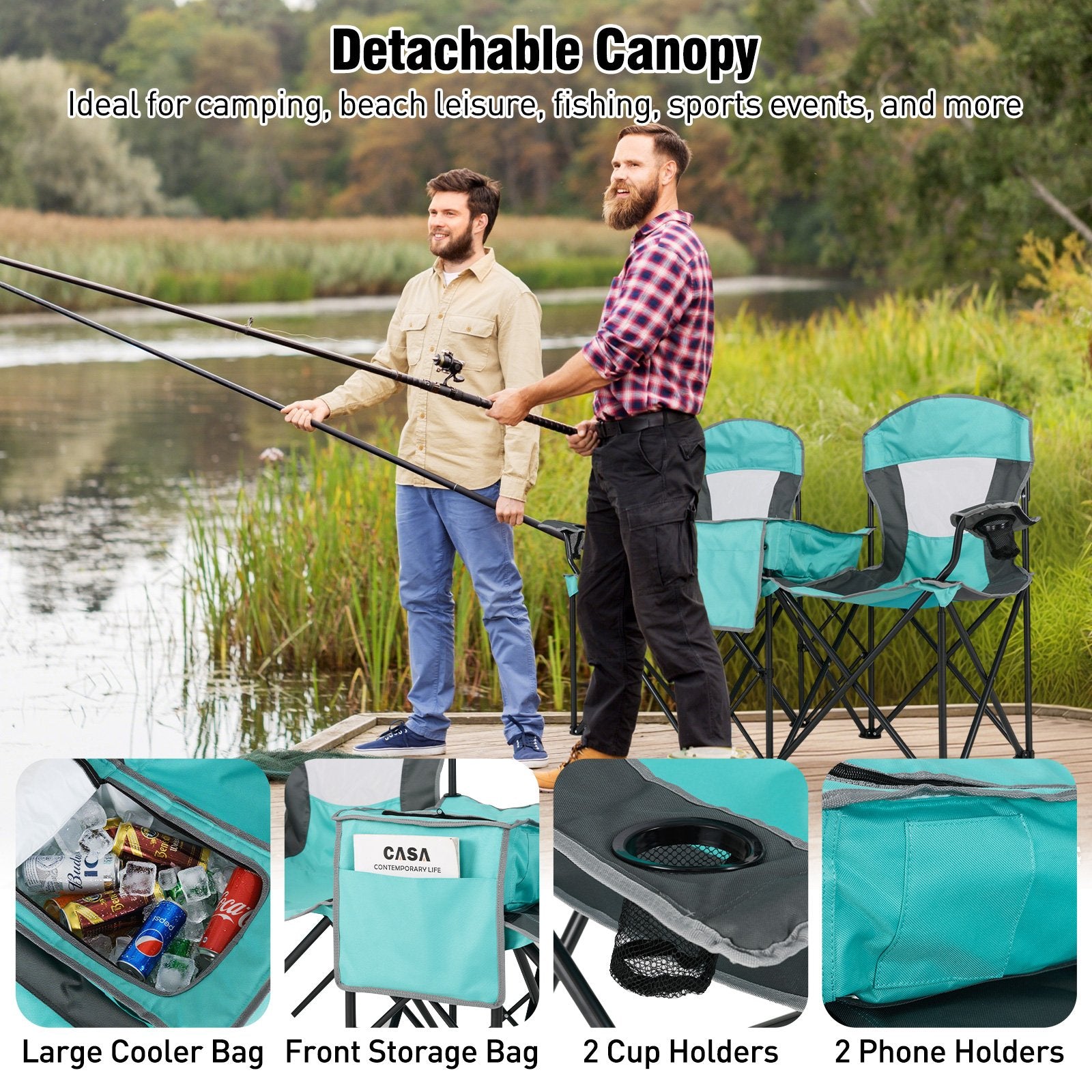 Double Beach Chair with Adjustable Canopy and 3 -Side Shading Curtains, Turquoise Beach & Lawn Chairs at Gallery Canada