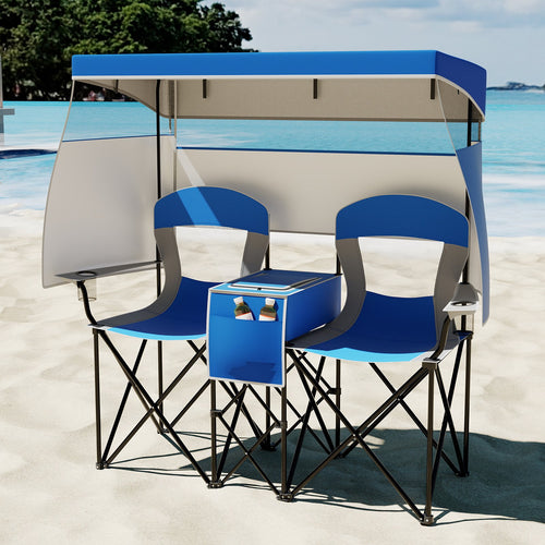 Double Beach Chair with Adjustable Canopy and 3 -Side Shading Curtains, Navy