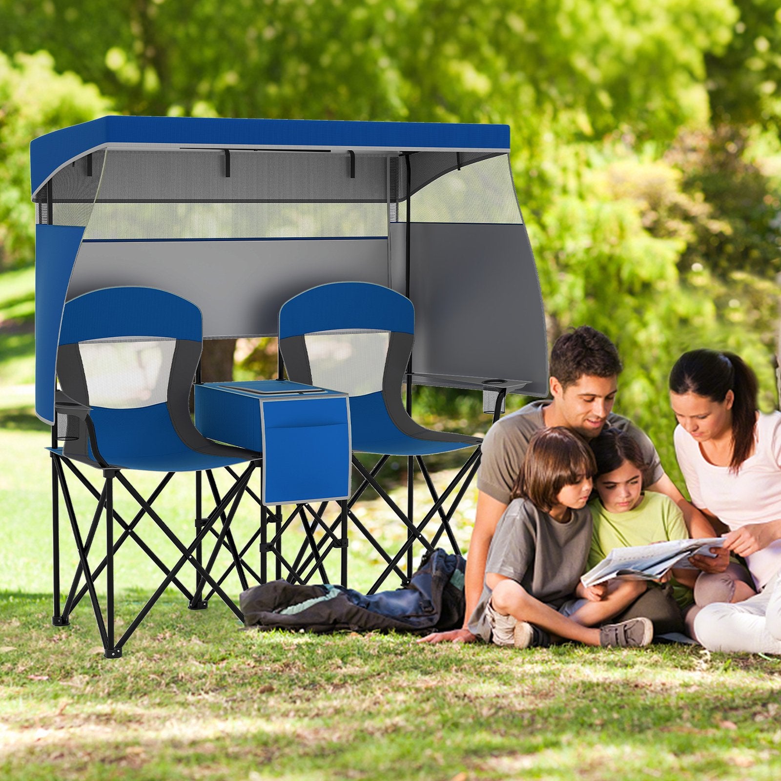 Double Beach Chair with Adjustable Canopy and 3 -Side Shading Curtains, Navy Beach & Lawn Chairs at Gallery Canada