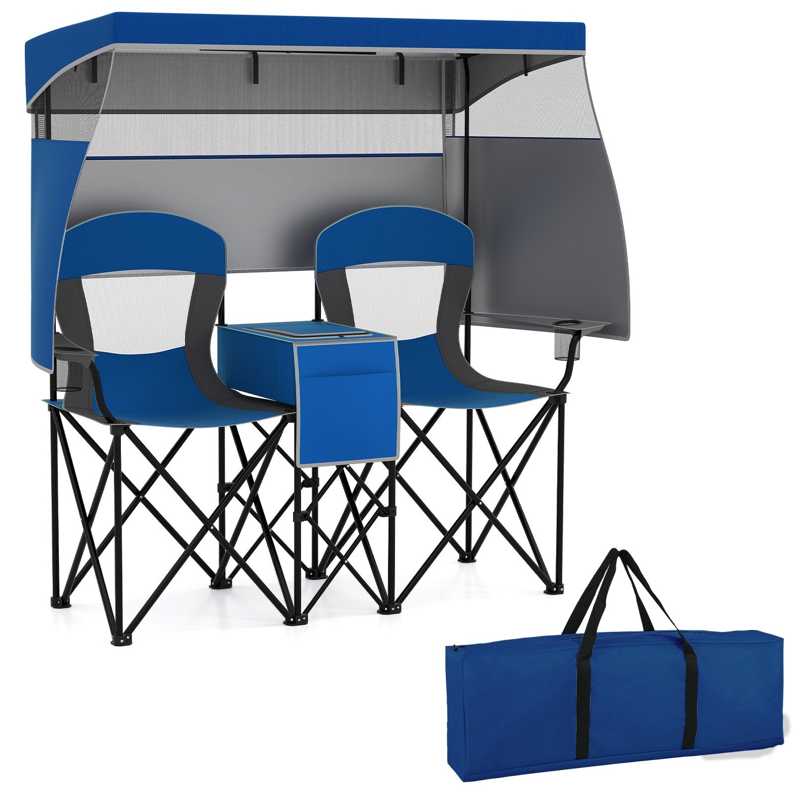 Double Beach Chair with Adjustable Canopy and 3 -Side Shading Curtains, Navy Beach & Lawn Chairs Navy at Gallery Canada