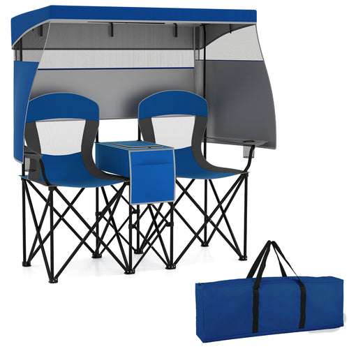 Double Beach Chair, Adjustable Canopy, 3-Side Shading Curtains, Navy