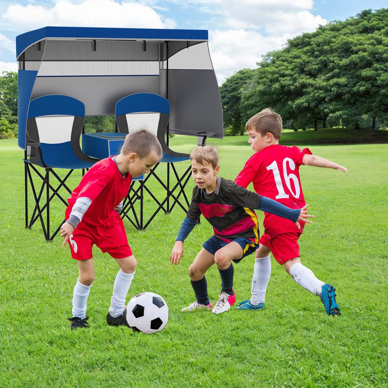 Double Beach Chair with Adjustable Canopy and 3 -Side Shading Curtains, Navy Beach & Lawn Chairs at Gallery Canada
