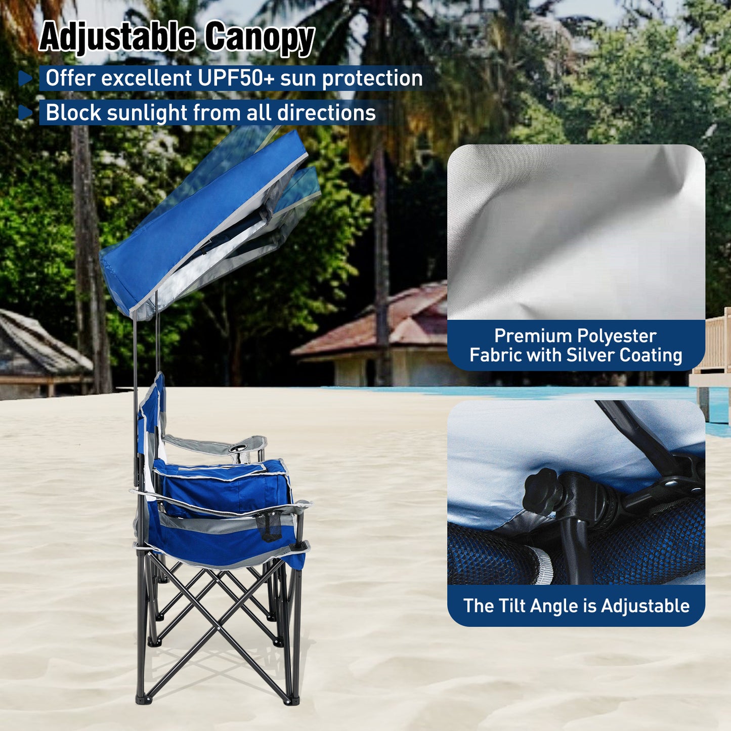 Double Beach Chair with Adjustable Canopy and 3 -Side Shading Curtains, Navy Beach & Lawn Chairs at Gallery Canada
