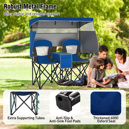 Double Beach Chair with Adjustable Canopy and 3 -Side Shading Curtains, Navy Beach & Lawn Chairs at Gallery Canada