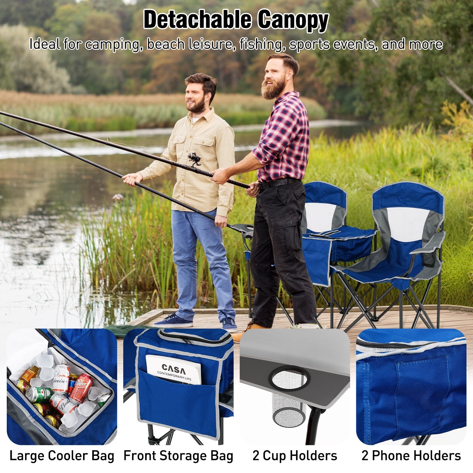 Double Beach Chair with Adjustable Canopy and 3 -Side Shading Curtains, Navy Beach & Lawn Chairs at Gallery Canada