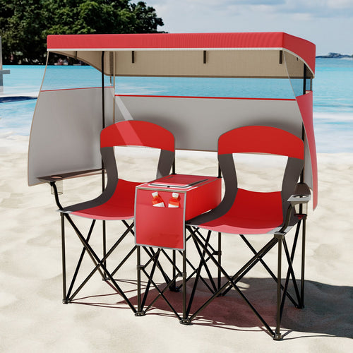 Double Beach Chair with Adjustable Canopy and 3 -Side Shading Curtains, Red