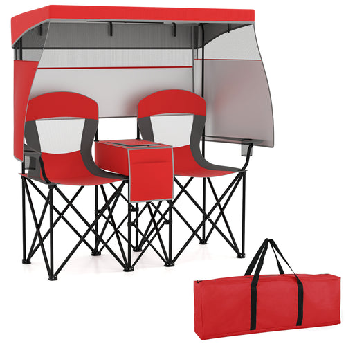 Double Beach Chair, Adjustable Canopy, 3-Side Shading Curtains, Red