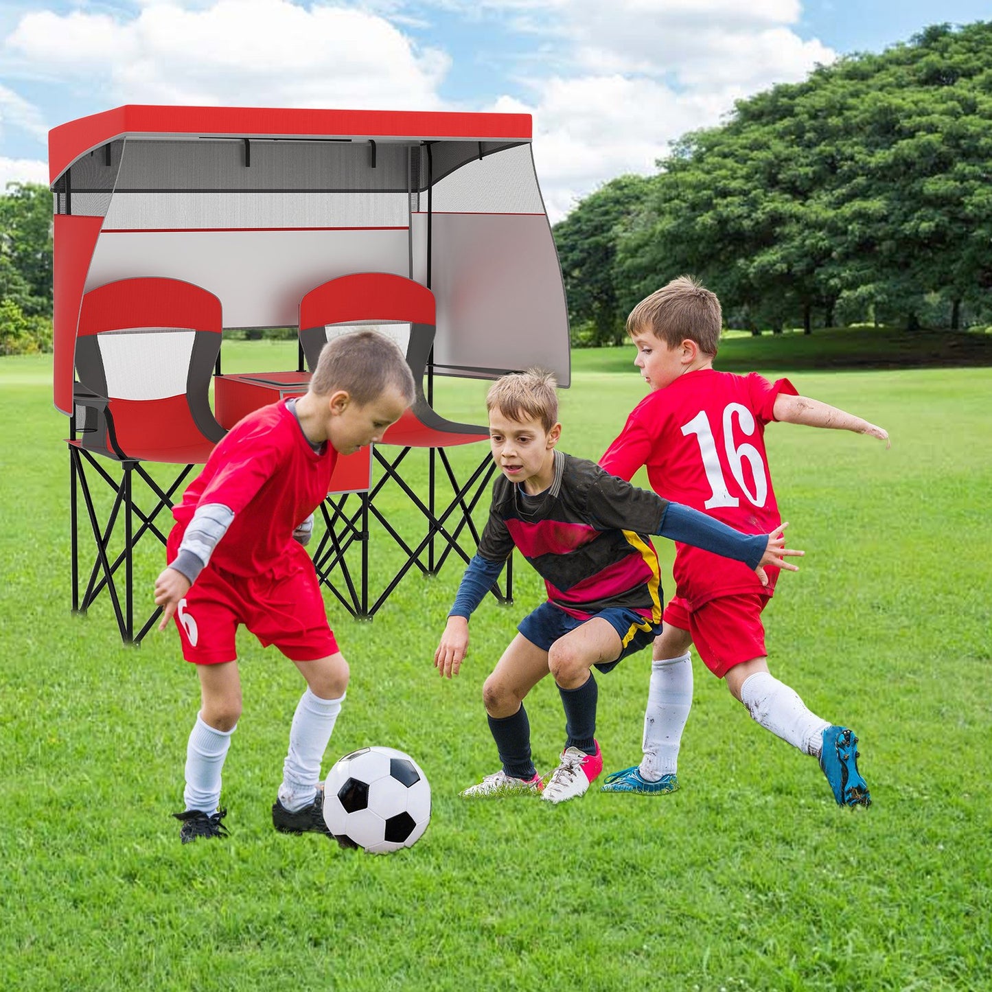 Double Beach Chair with Adjustable Canopy and 3 -Side Shading Curtains, Red Beach & Lawn Chairs at Gallery Canada