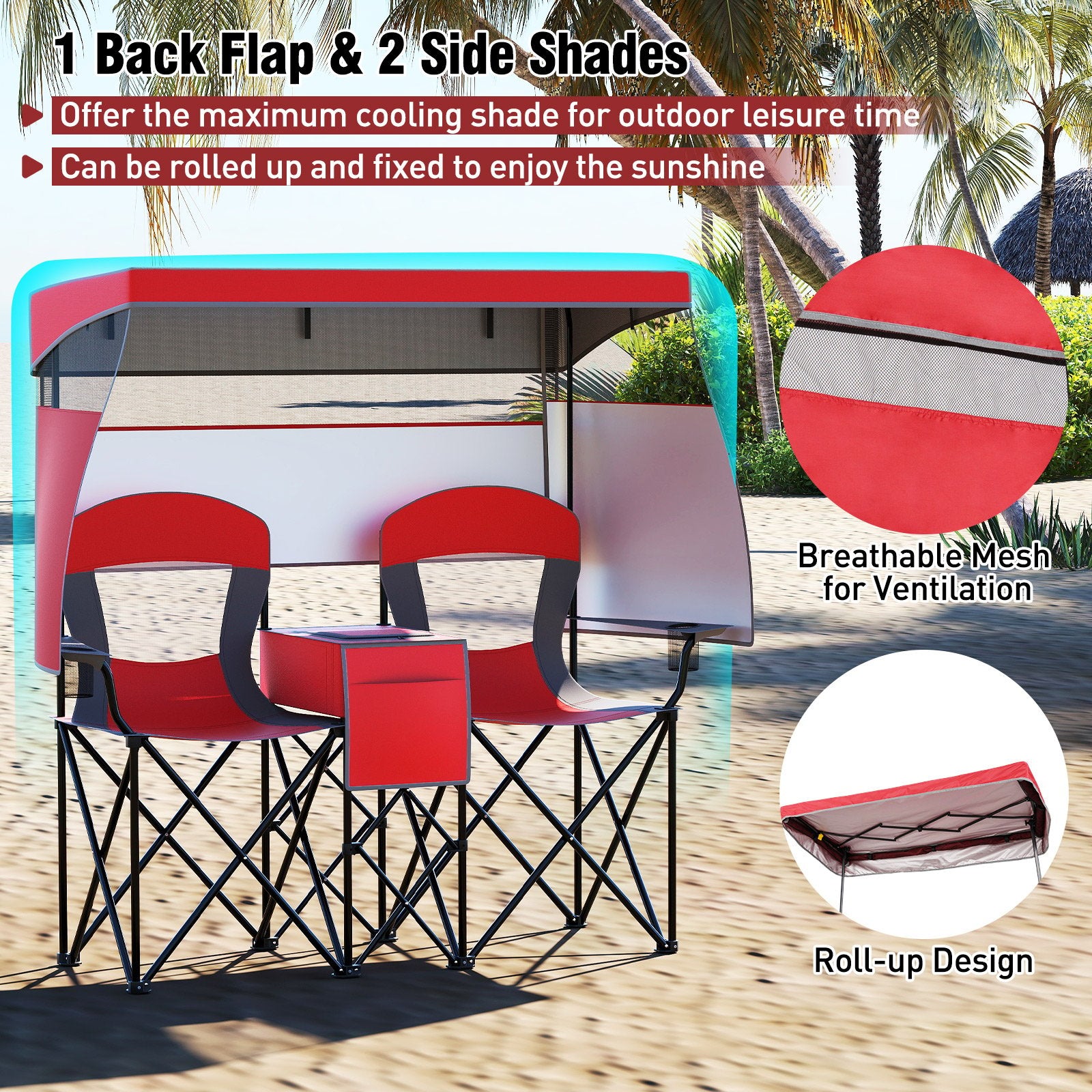 Double Beach Chair with Adjustable Canopy and 3 -Side Shading Curtains, Red Beach & Lawn Chairs at Gallery Canada
