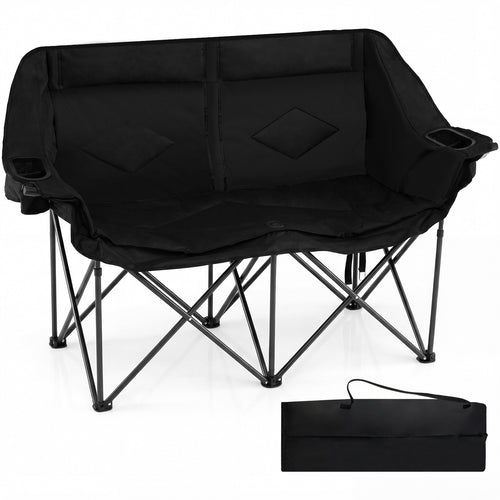 Double Camping Chair With Cup Holders, Mesh Pockets, Black