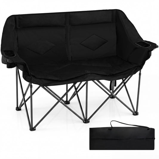 Double Camping Chair With Cup Holders, Mesh Pockets, Black