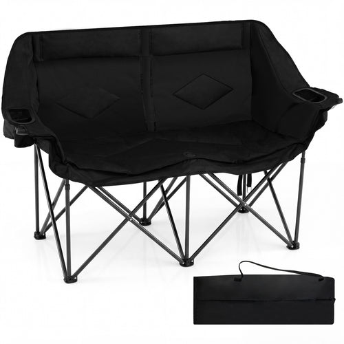Double Camping Chair With Cup Holders, Mesh Pockets, Black