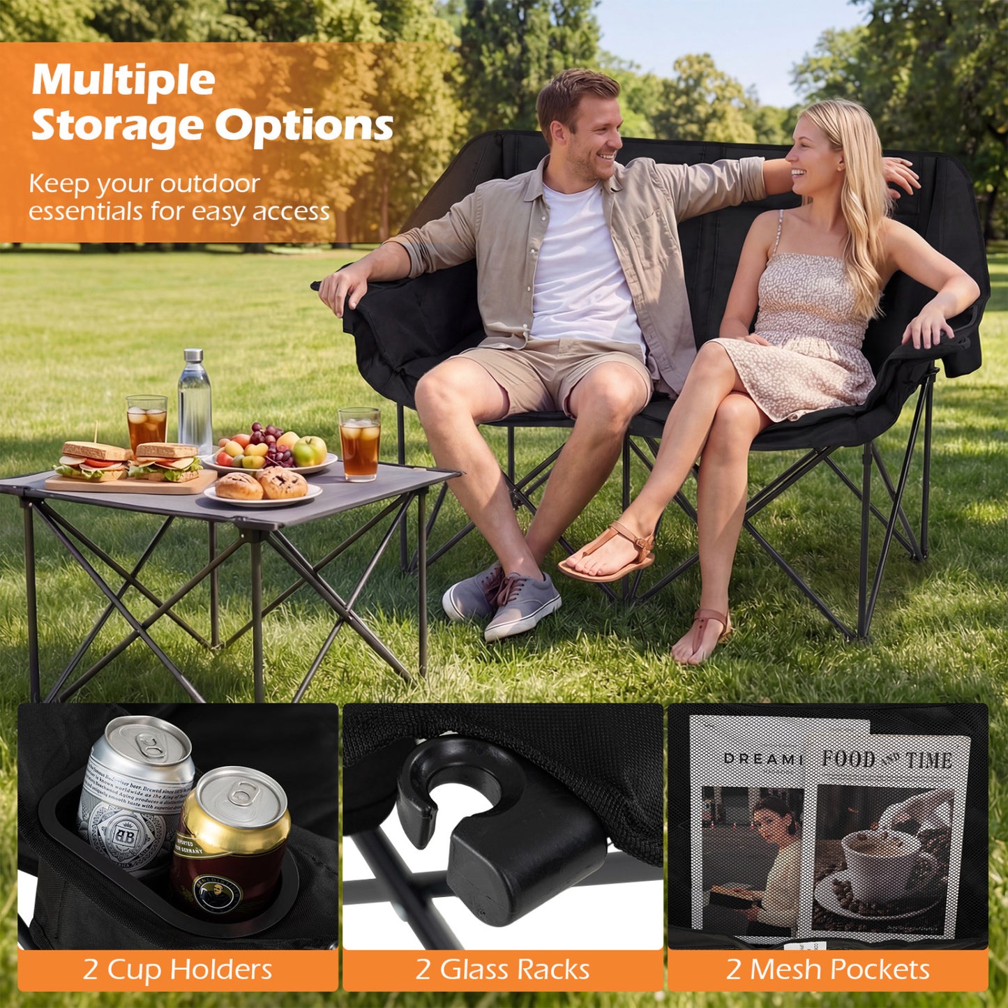 Double Camping Chair With Cup Holders, Mesh Pockets, Black Camping Furniture at Gallery Canada