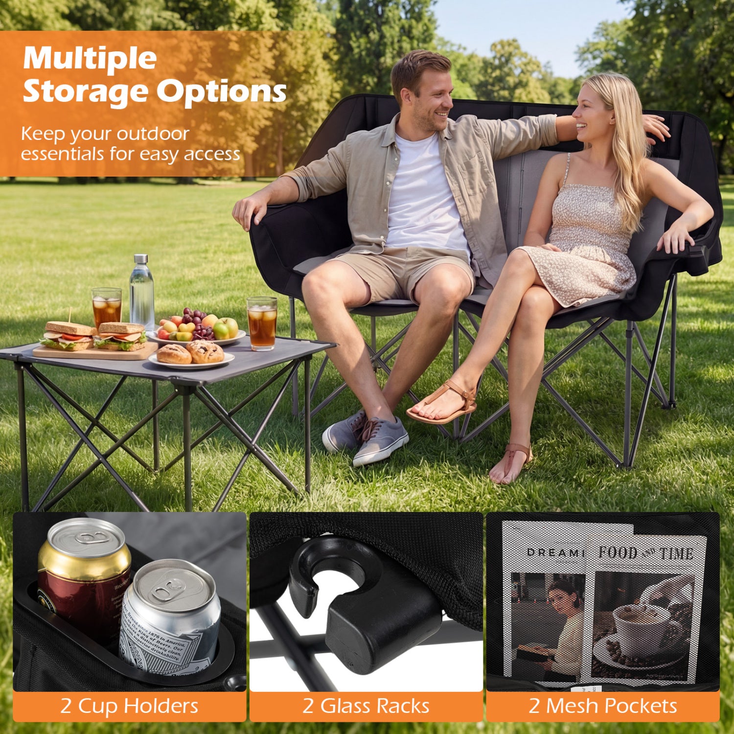 Double Camping Chair With Cup Holders, Mesh Pockets, Dark Gray Camping Furniture at Gallery Canada