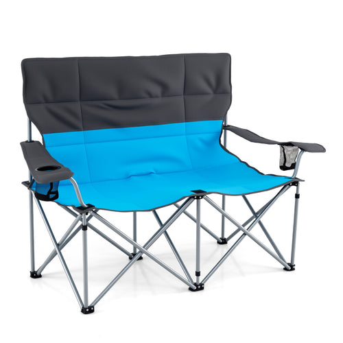 Double Camping Chair With Carry Bag, Cup Holders, Blue