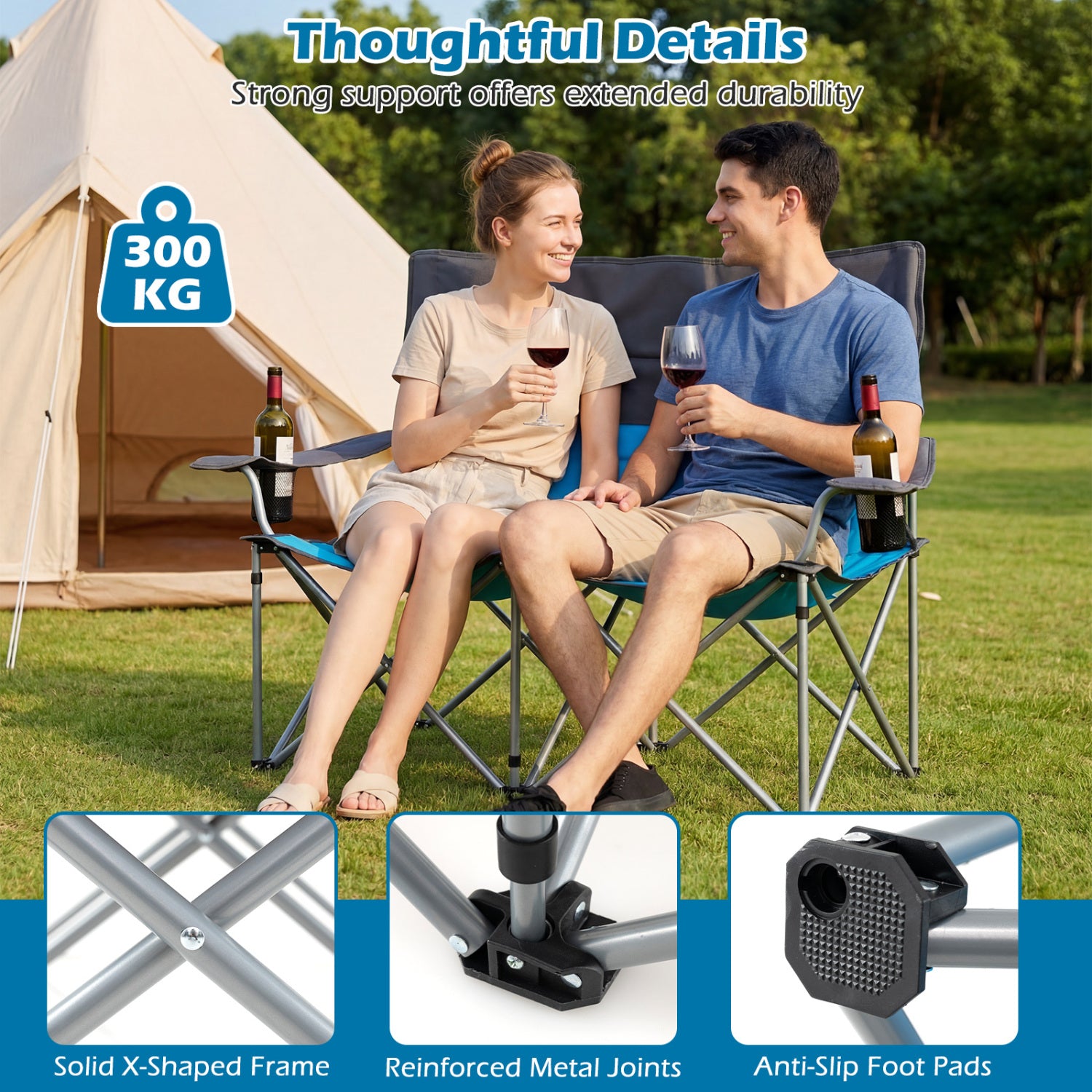 Double Camping Chair With Carry Bag, Cup Holders, Blue Camping Furniture at Gallery Canada