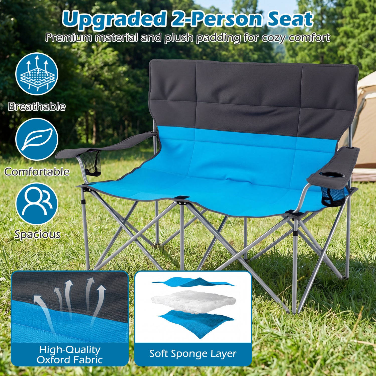 Double Camping Chair With Carry Bag, Cup Holders, Blue Camping Furniture at Gallery Canada