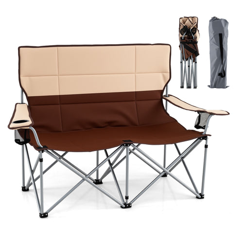 Double Camping Chair, With Carry Bag And Cup Holders, Brown