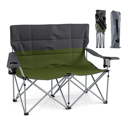 Double Camping Chair With Carry Bag, Cup Holders, Green