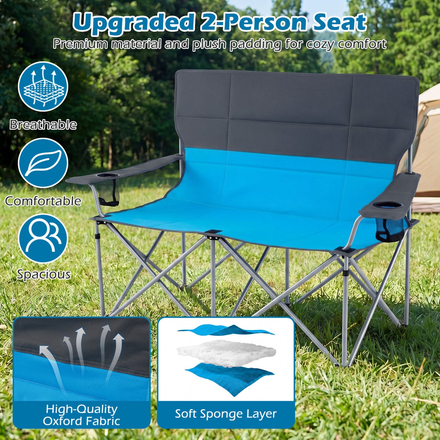 Double Camping Chair With Carry Bag, Cup Holders, Blue Camping Furniture at Gallery Canada