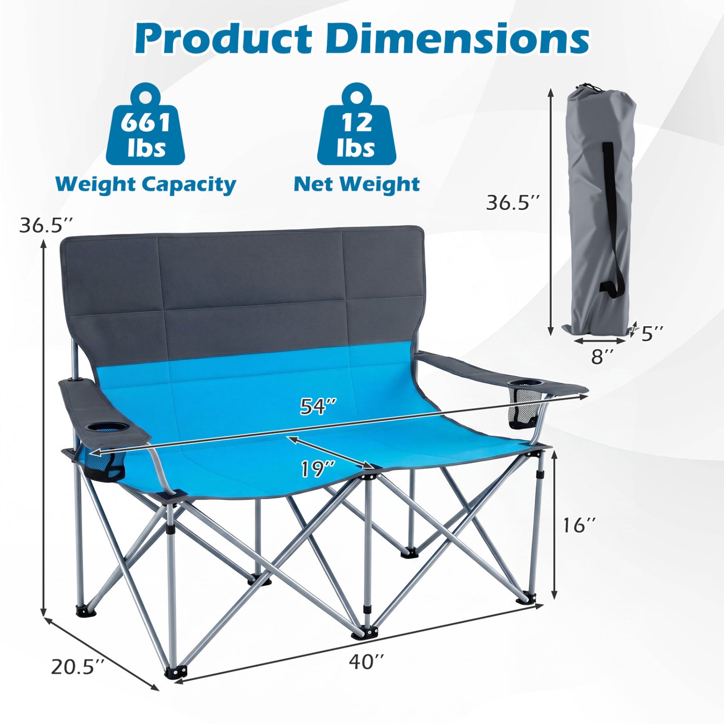 Double Camping Chair With Carry Bag, Cup Holders, Blue Camping Furniture at Gallery Canada