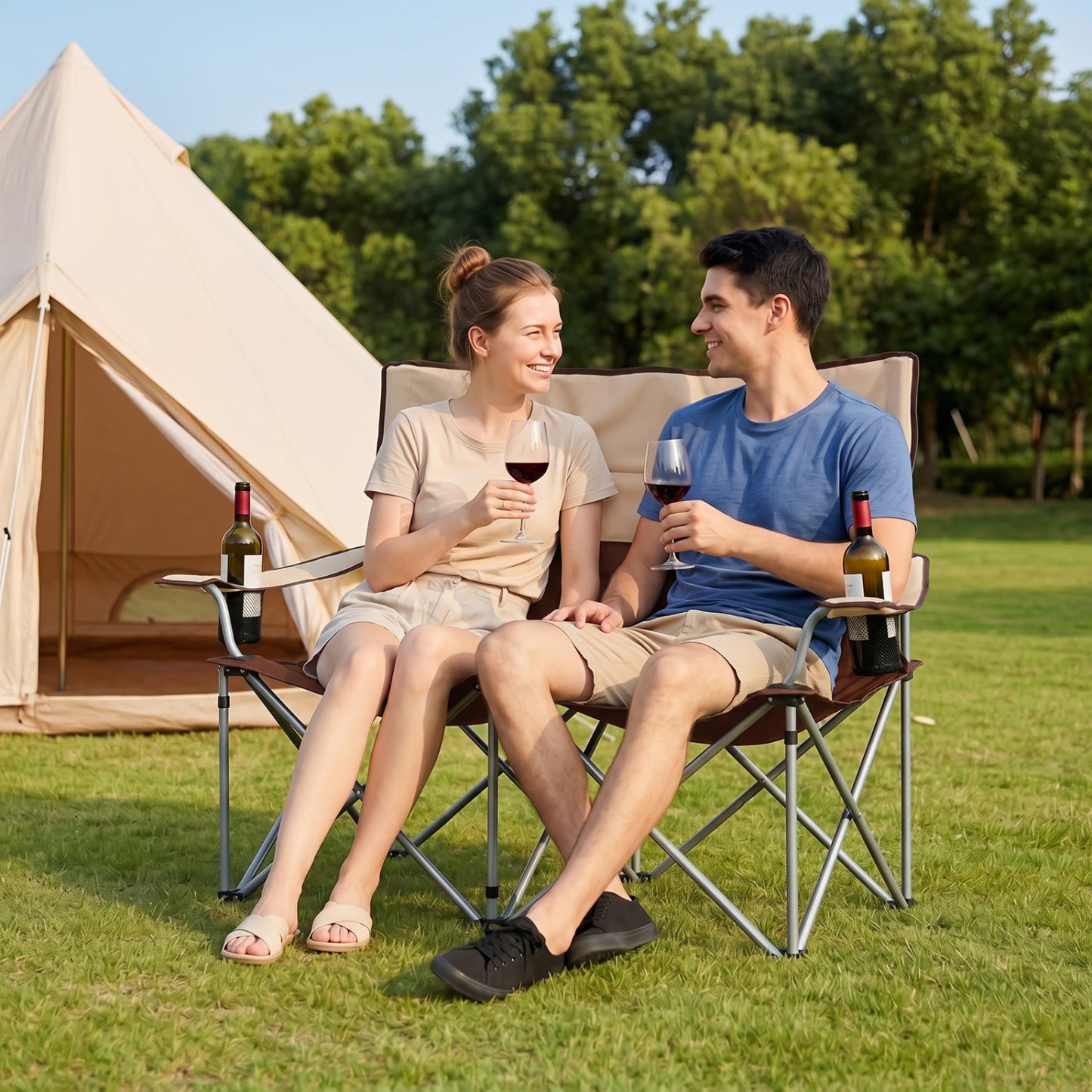 Double Camping Chair, With Carry Bag And Cup Holders, Brown Camping Furniture at Gallery Canada