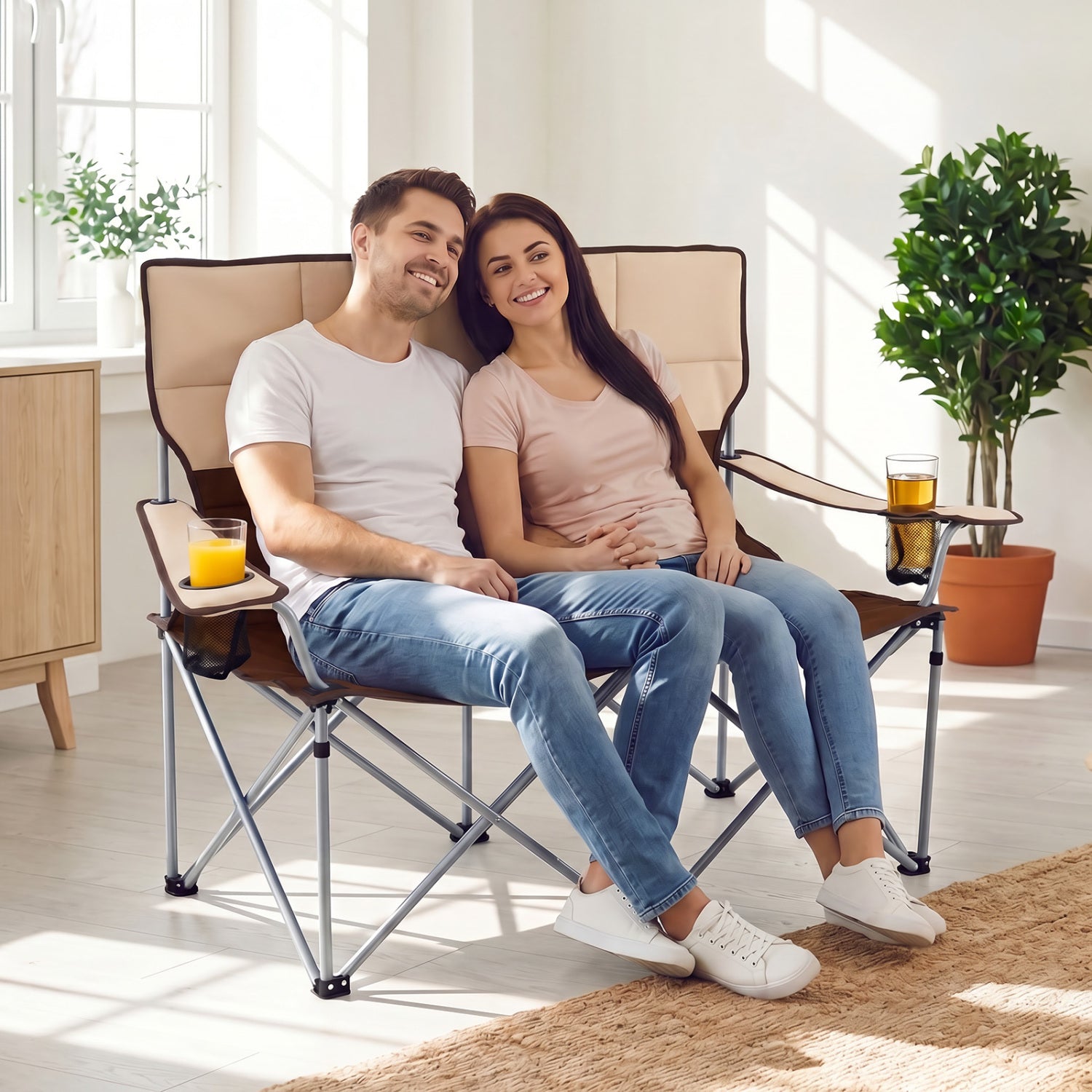 Double Camping Chair, With Carry Bag And Cup Holders, Brown Camping Furniture at Gallery Canada