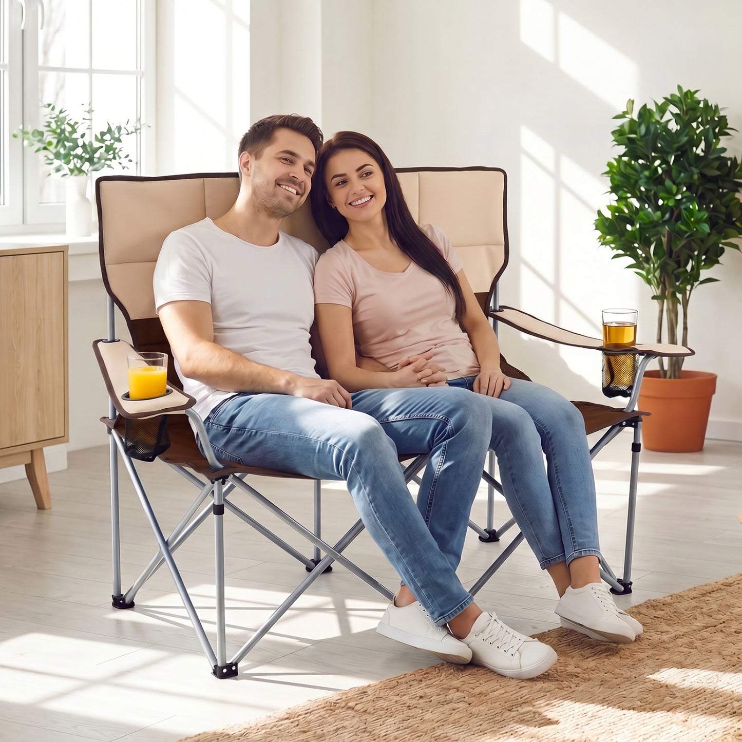 Double Camping Chair, With Carry Bag And Cup Holders, Brown Camping Furniture at Gallery Canada