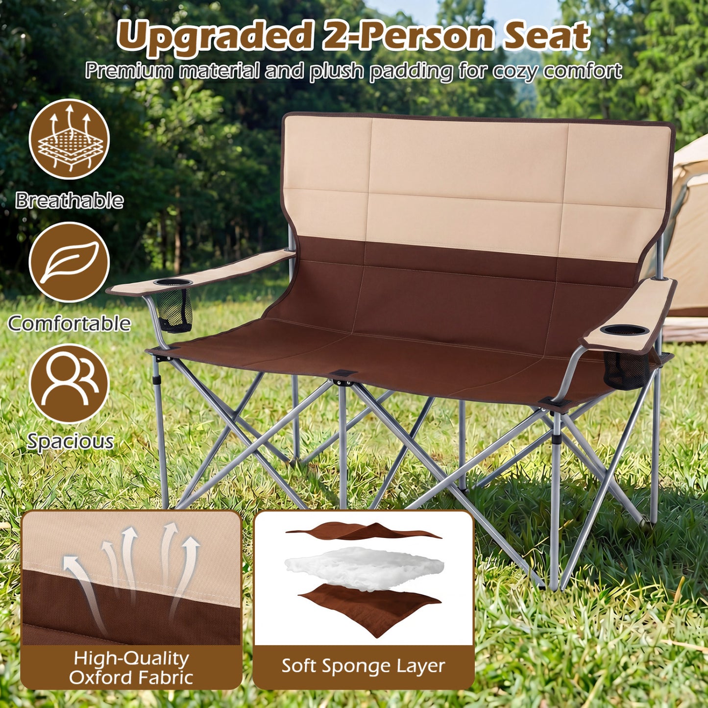 Double Camping Chair, With Carry Bag And Cup Holders, Brown Camping Furniture at Gallery Canada