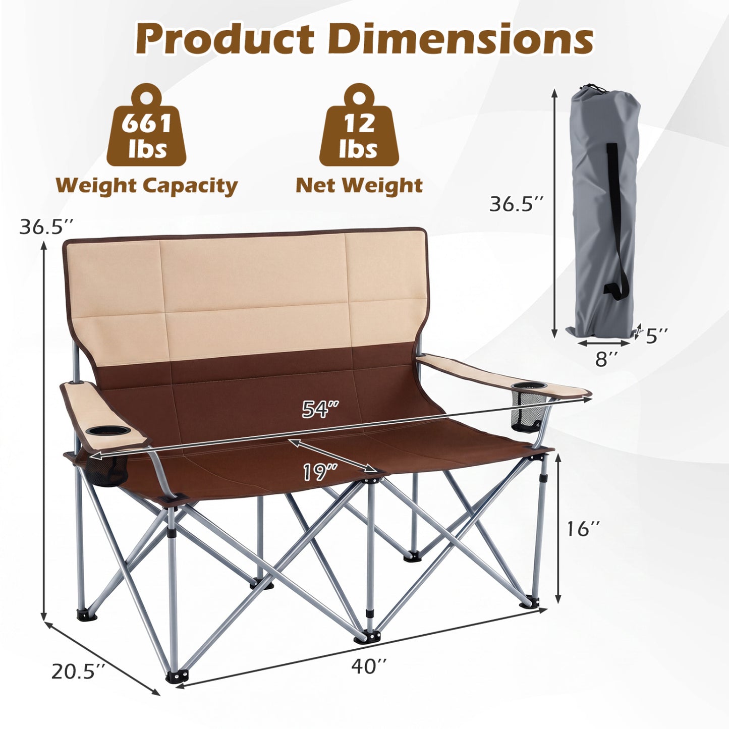 Double Camping Chair, With Carry Bag And Cup Holders, Brown Camping Furniture at Gallery Canada