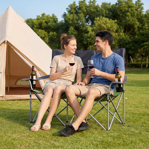 Double Camping Chair With Carry Bag, Cup Holders, Green