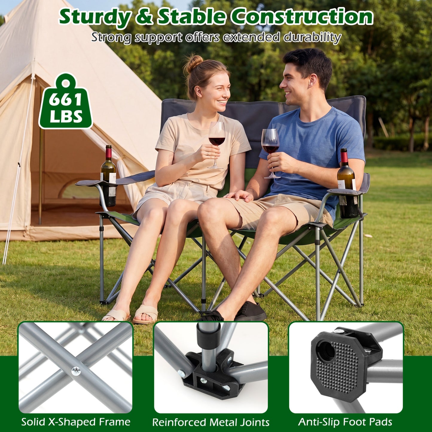 Double Camping Chair With Carry Bag, Cup Holders, Green Camping Furniture at Gallery Canada