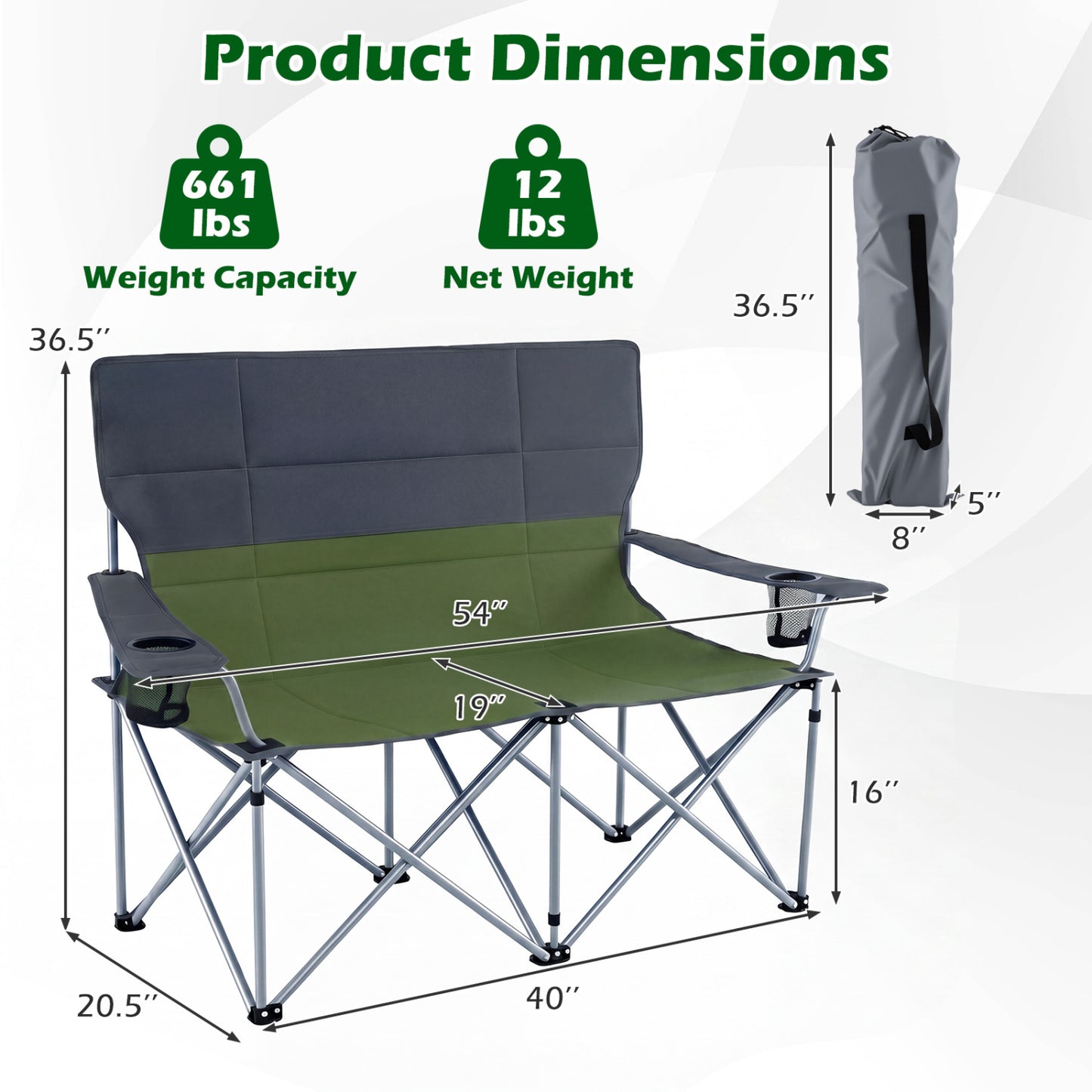 Double Camping Chair With Carry Bag, Cup Holders, Green Camping Furniture at Gallery Canada