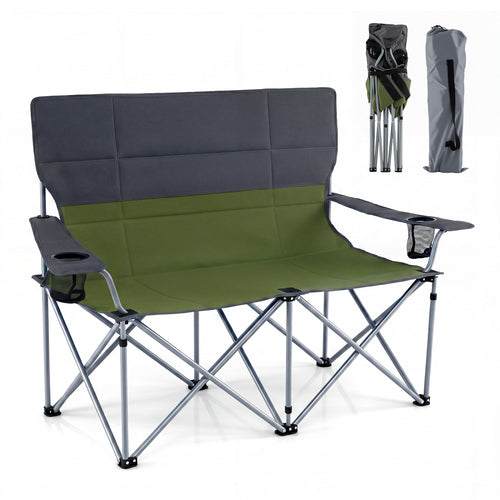 Double Camping Chair With Carry Bag, Cup Holders, Green