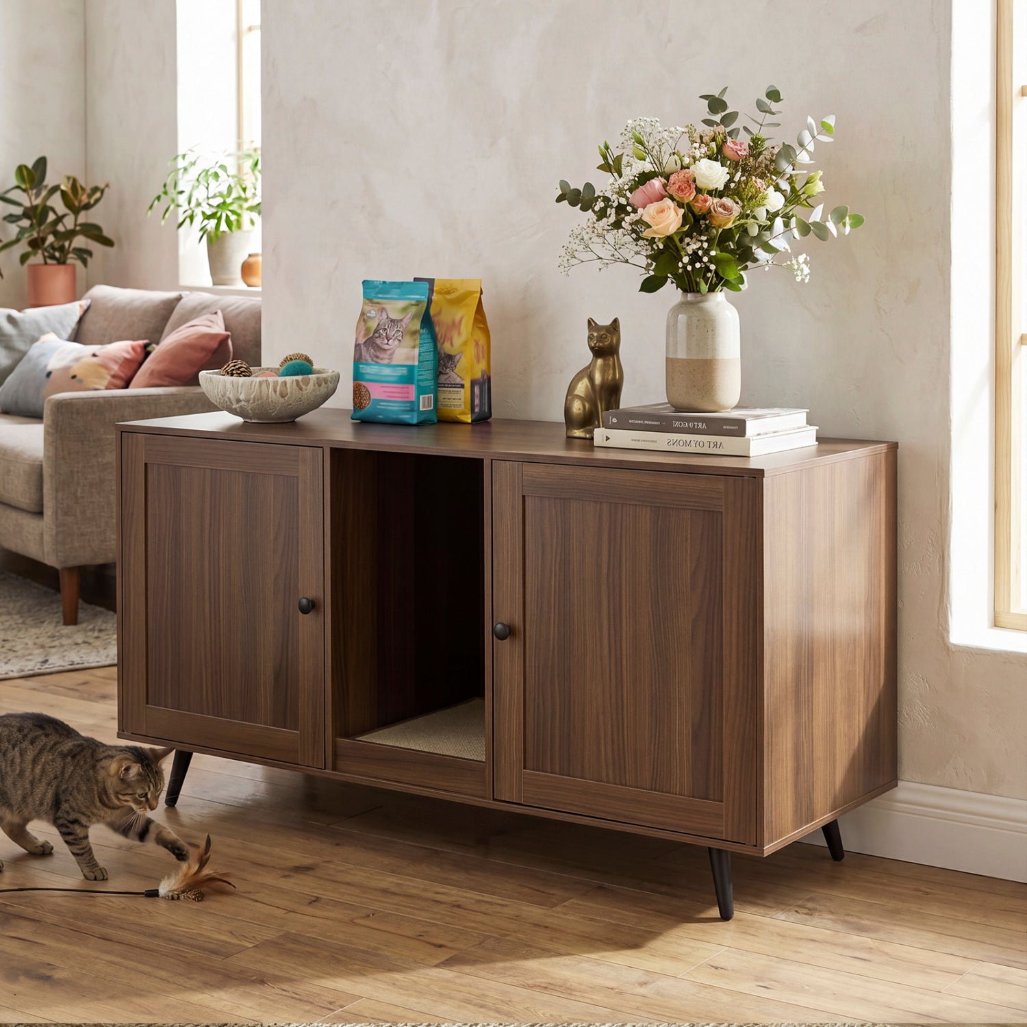 Double Cat Litter Box Enclosure for 2 Cats with Scratching Pad and Double Rooms, Walnut Cat Houses at Gallery Canada