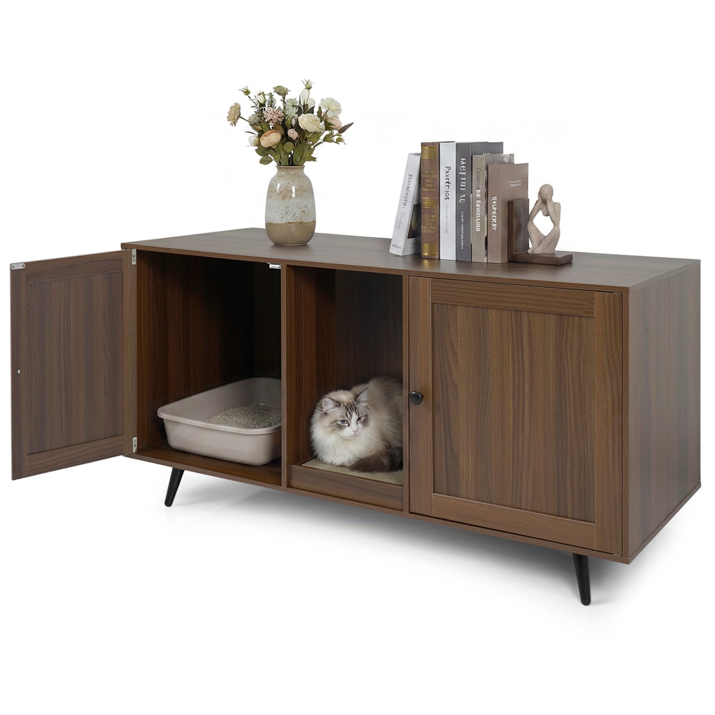 Double Cat Litter Box Enclosure for 2 Cats with Scratching Pad and Double Rooms, Walnut Cat Houses Walnut at Gallery Canada