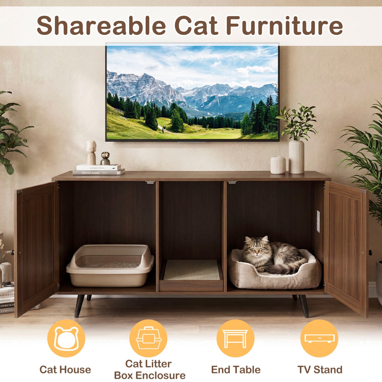 Double Cat Litter Box Enclosure for 2 Cats with Scratching Pad and Double Rooms, Walnut Cat Houses at Gallery Canada