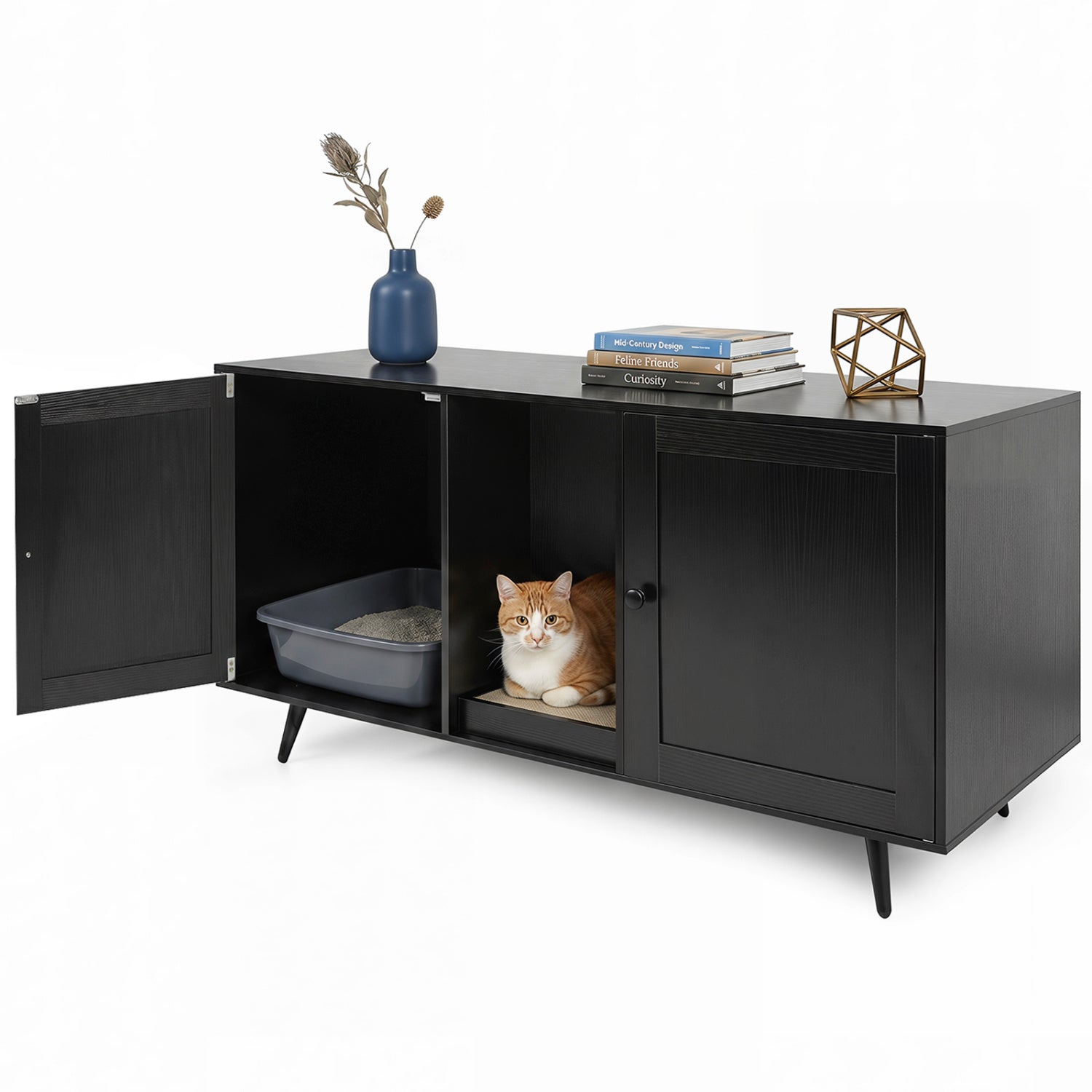Double Cat Litter Box Enclosure for 2 Cats with Scratching Pad and Double Rooms, Black Cat Houses Black at Gallery Canada