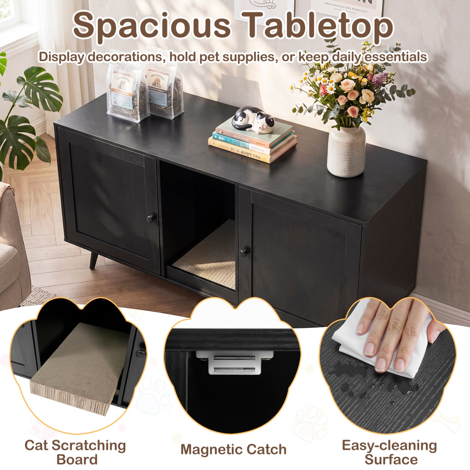 Double Cat Litter Box Enclosure for 2 Cats with Scratching Pad and Double Rooms, Black Cat Houses at Gallery Canada
