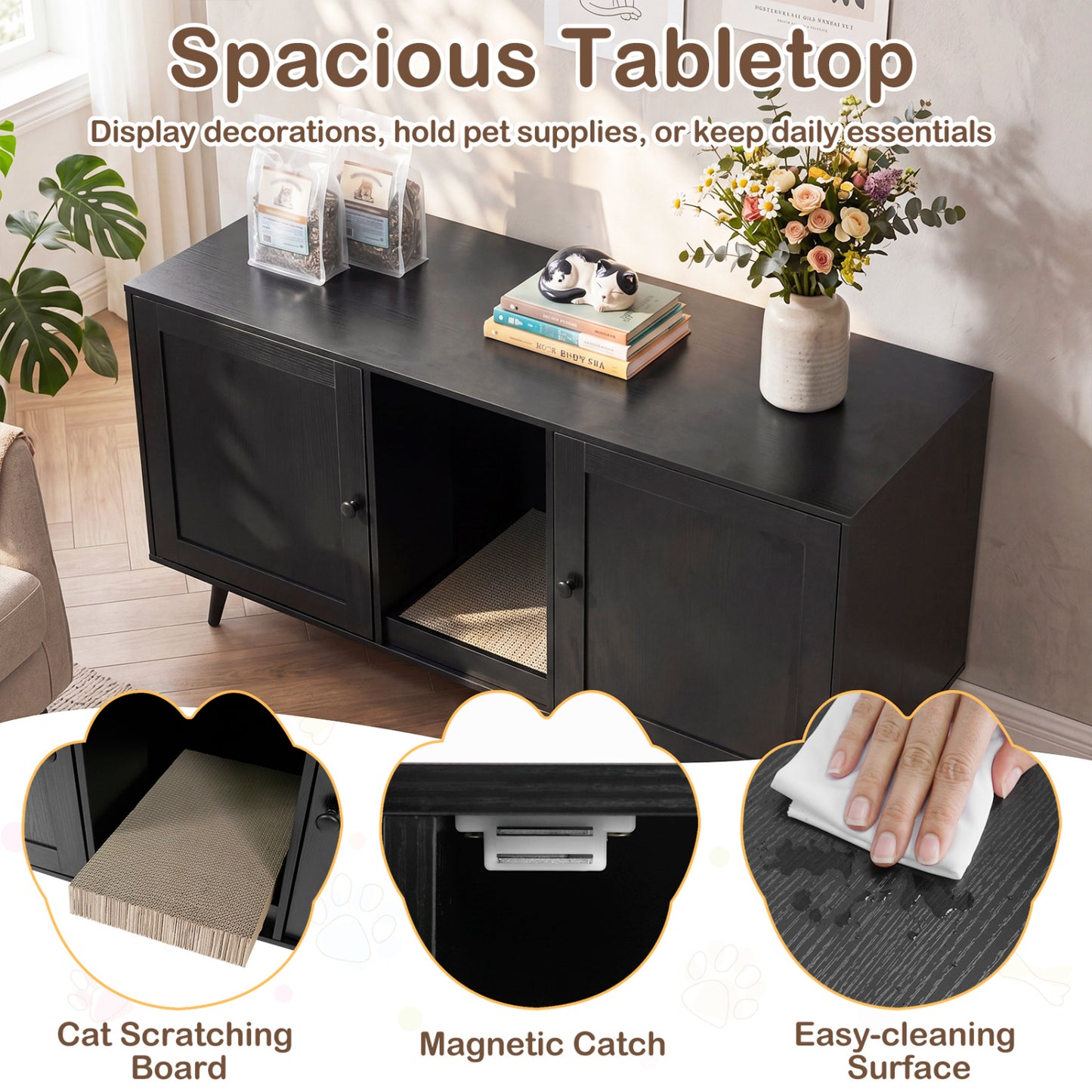 Double Cat Litter Box Enclosure for 2 Cats with Scratching Pad and Double Rooms, Black Cat Houses at Gallery Canada
