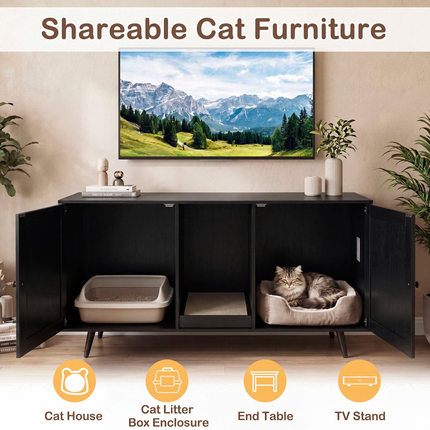 Double Cat Litter Box Enclosure for 2 Cats with Scratching Pad and Double Rooms, Black Cat Houses at Gallery Canada