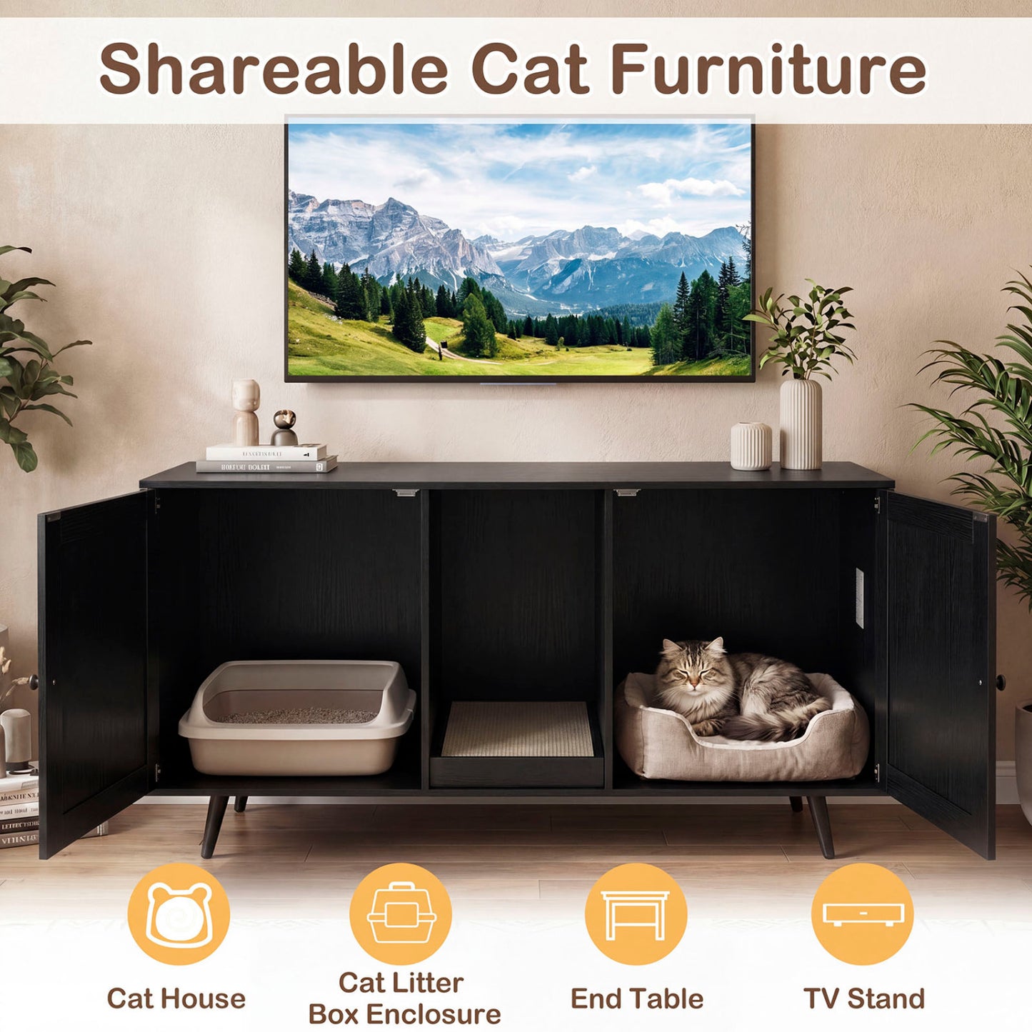 Double Cat Litter Box Enclosure for 2 Cats with Scratching Pad and Double Rooms, Black Cat Houses at Gallery Canada
