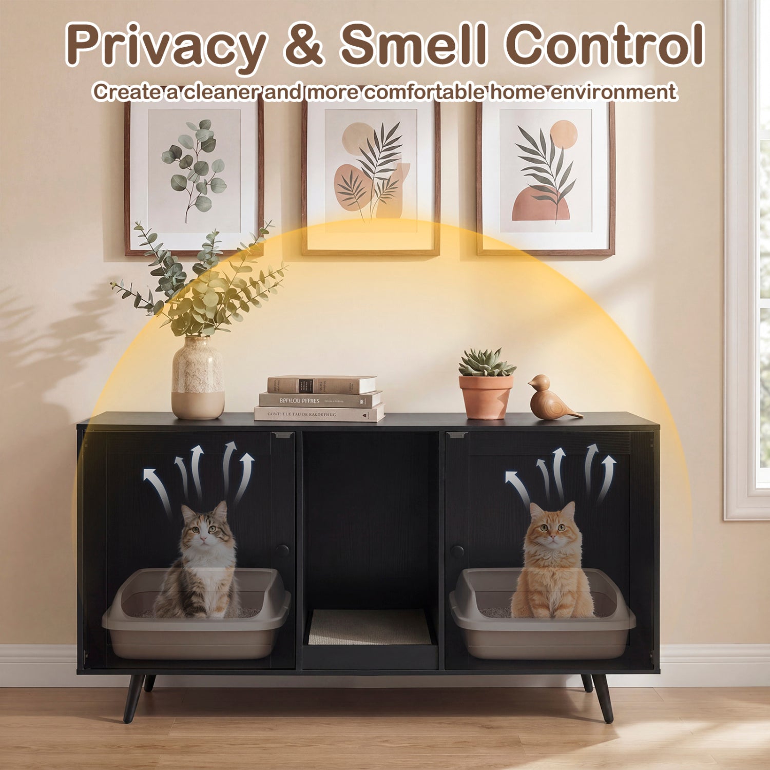 Double Cat Litter Box Enclosure for 2 Cats with Scratching Pad and Double Rooms, Black Cat Houses at Gallery Canada