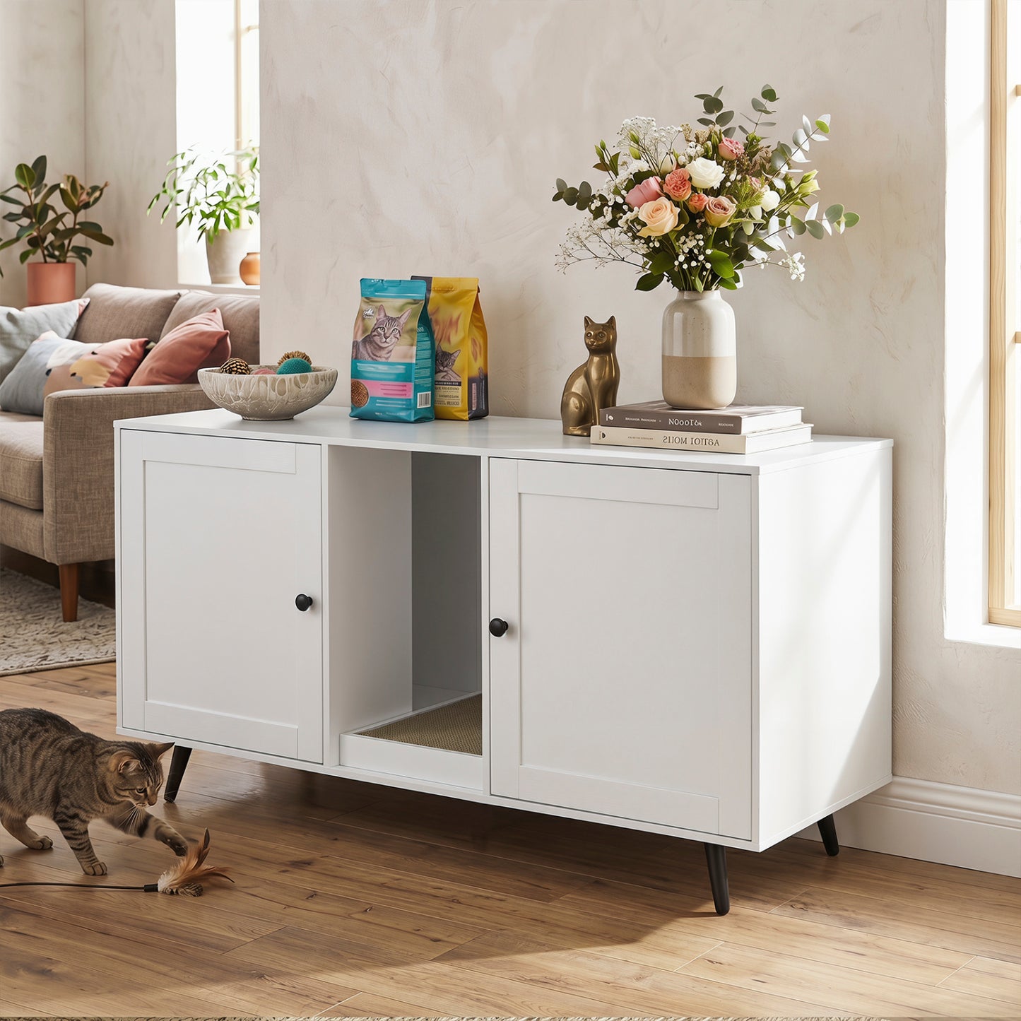 Double Cat Litter Box Enclosure, White