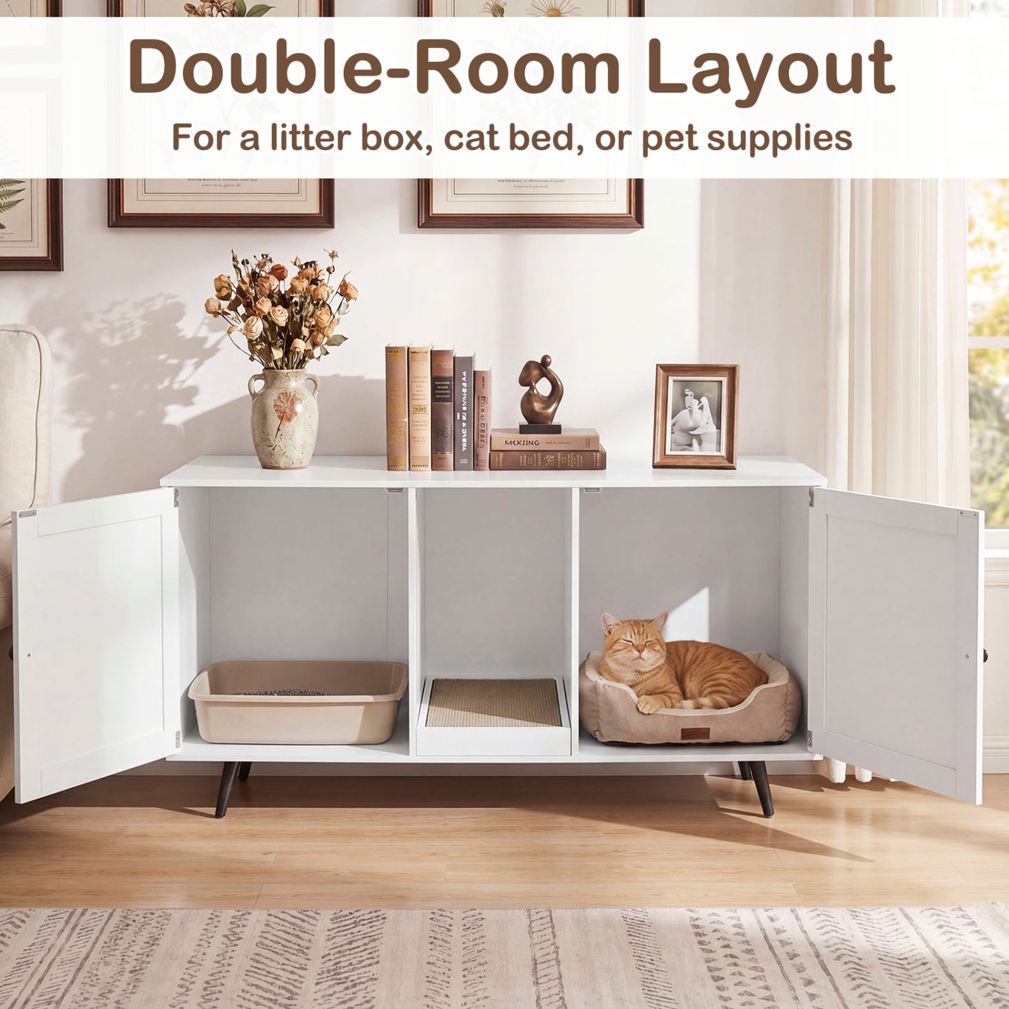 Double Cat Litter Box Enclosure, White