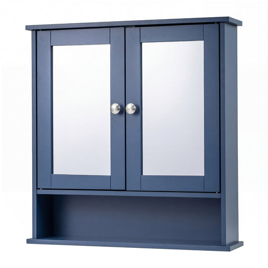 Double Door Wall-Mounted Bathroom Mirror Cabinet with Storage Shelf, Blue