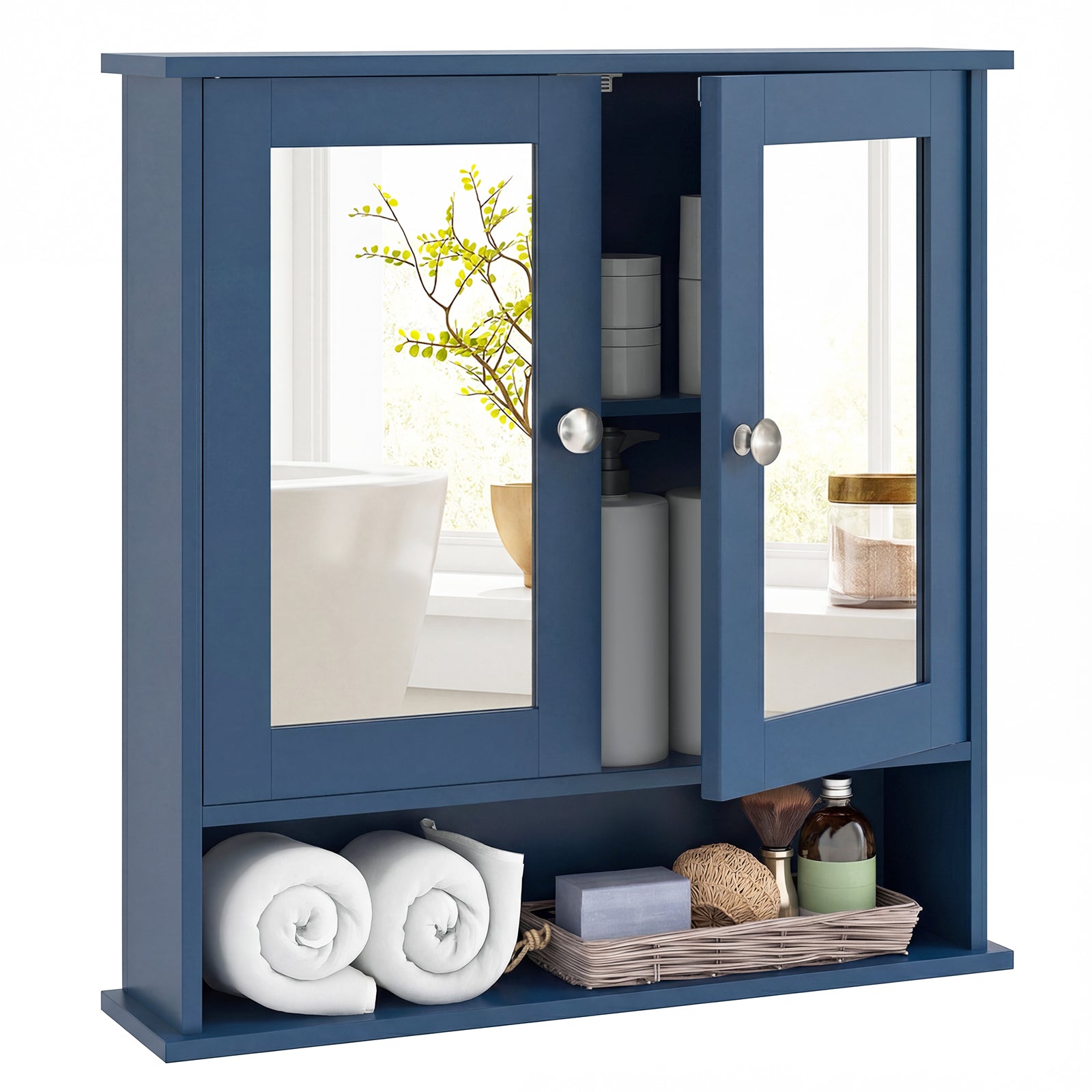 Double Door Wall-Mounted Bathroom Mirror Cabinet with Storage Shelf, Blue Wall Cabinets Blue at Gallery Canada