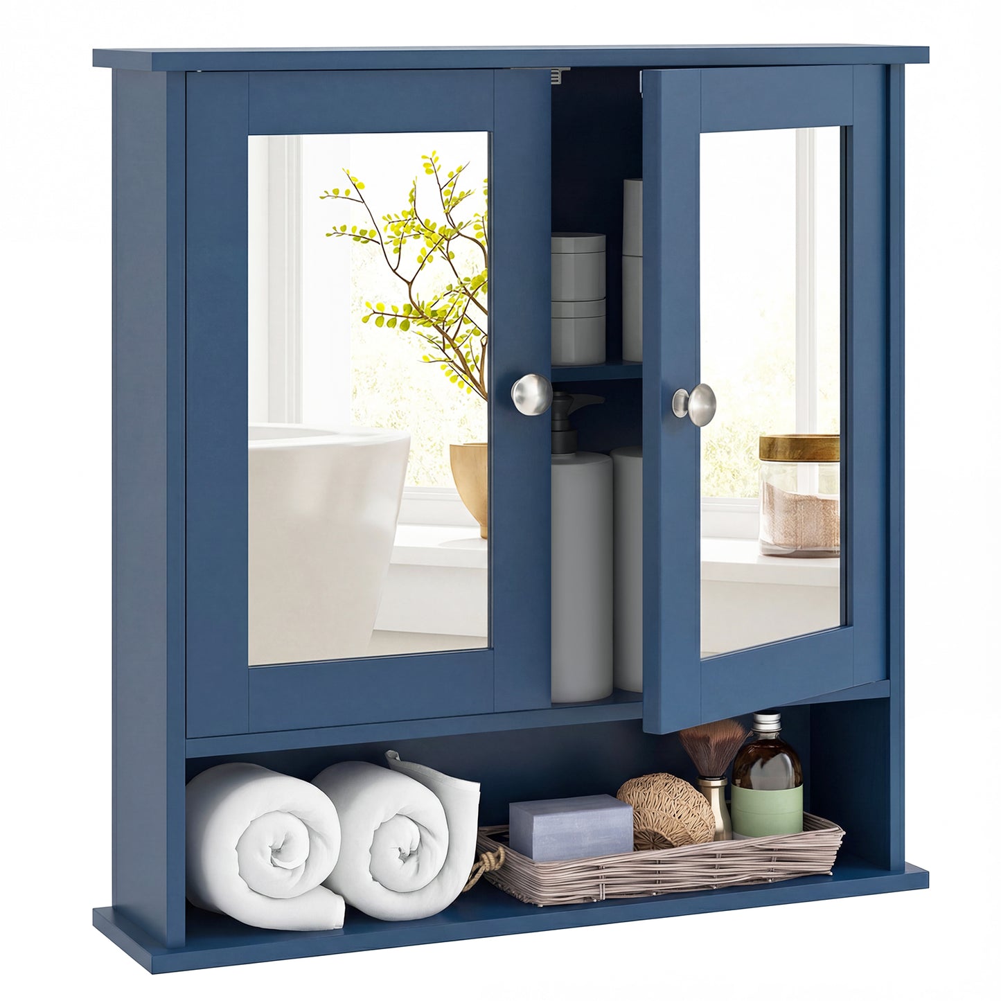 Double Door Wall-Mounted Bathroom Mirror Cabinet with Storage Shelf, Blue Wall Cabinets Blue at Gallery Canada