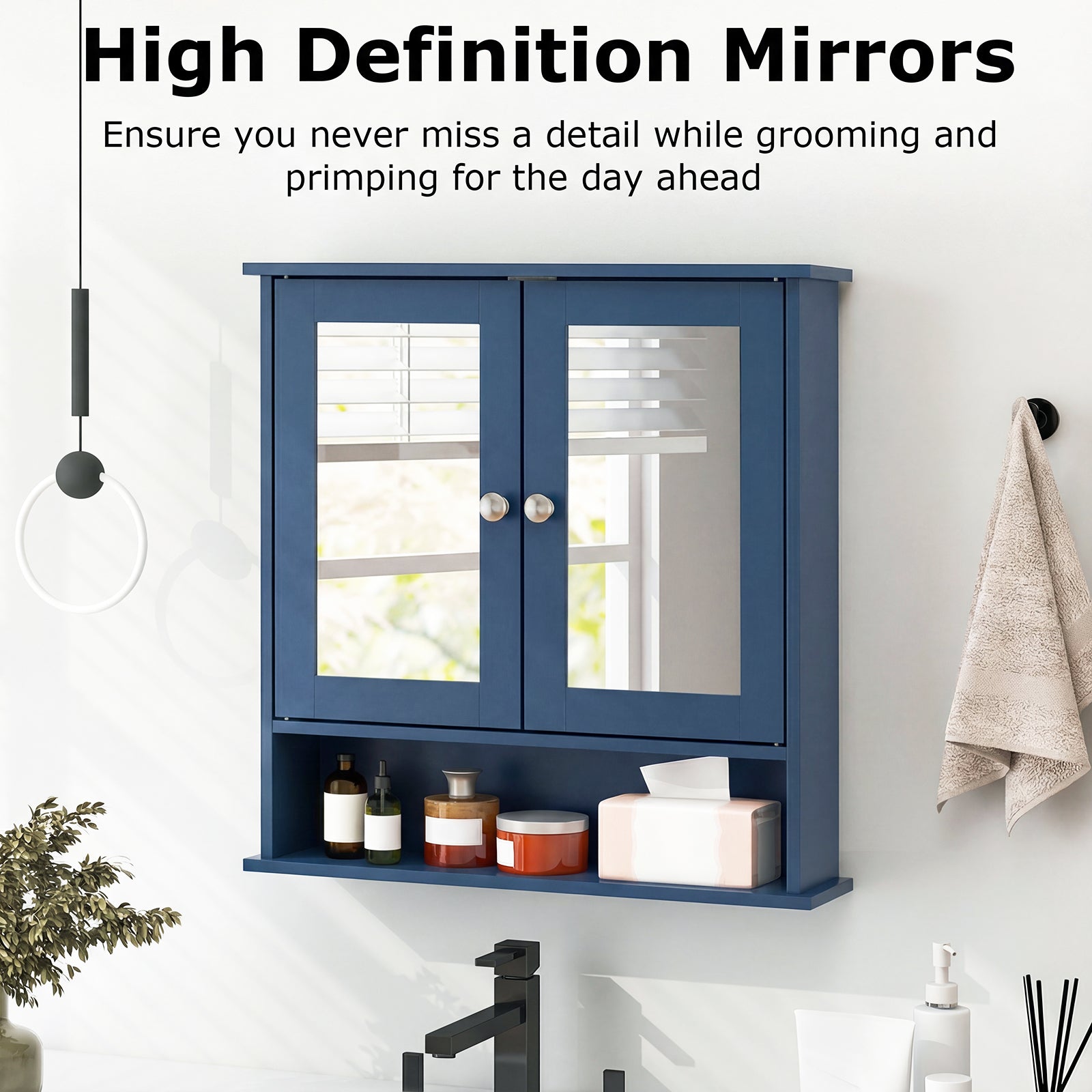 Double Door Wall-Mounted Bathroom Mirror Cabinet with Storage Shelf, Blue Wall Cabinets at Gallery Canada