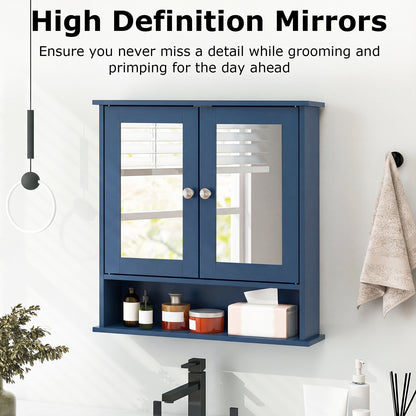 Double Door Wall-Mounted Bathroom Mirror Cabinet with Storage Shelf, Blue Wall Cabinets at Gallery Canada